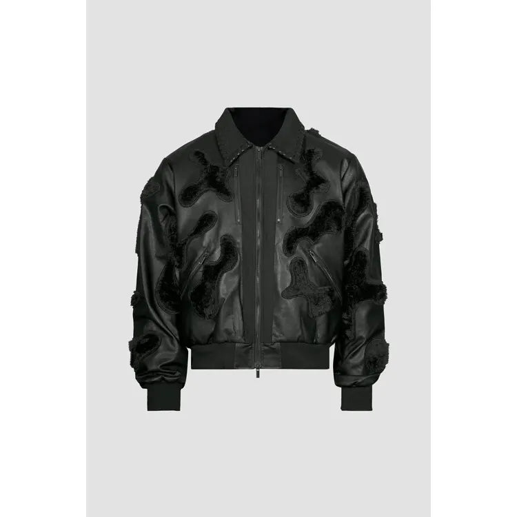 Faux Fur Vegan Leather Camouflage Jacket Black