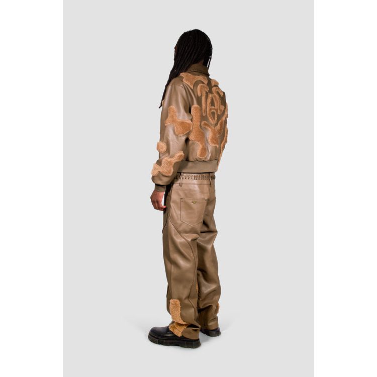 Faux Fur Vegan Leather Double Jeans Brown