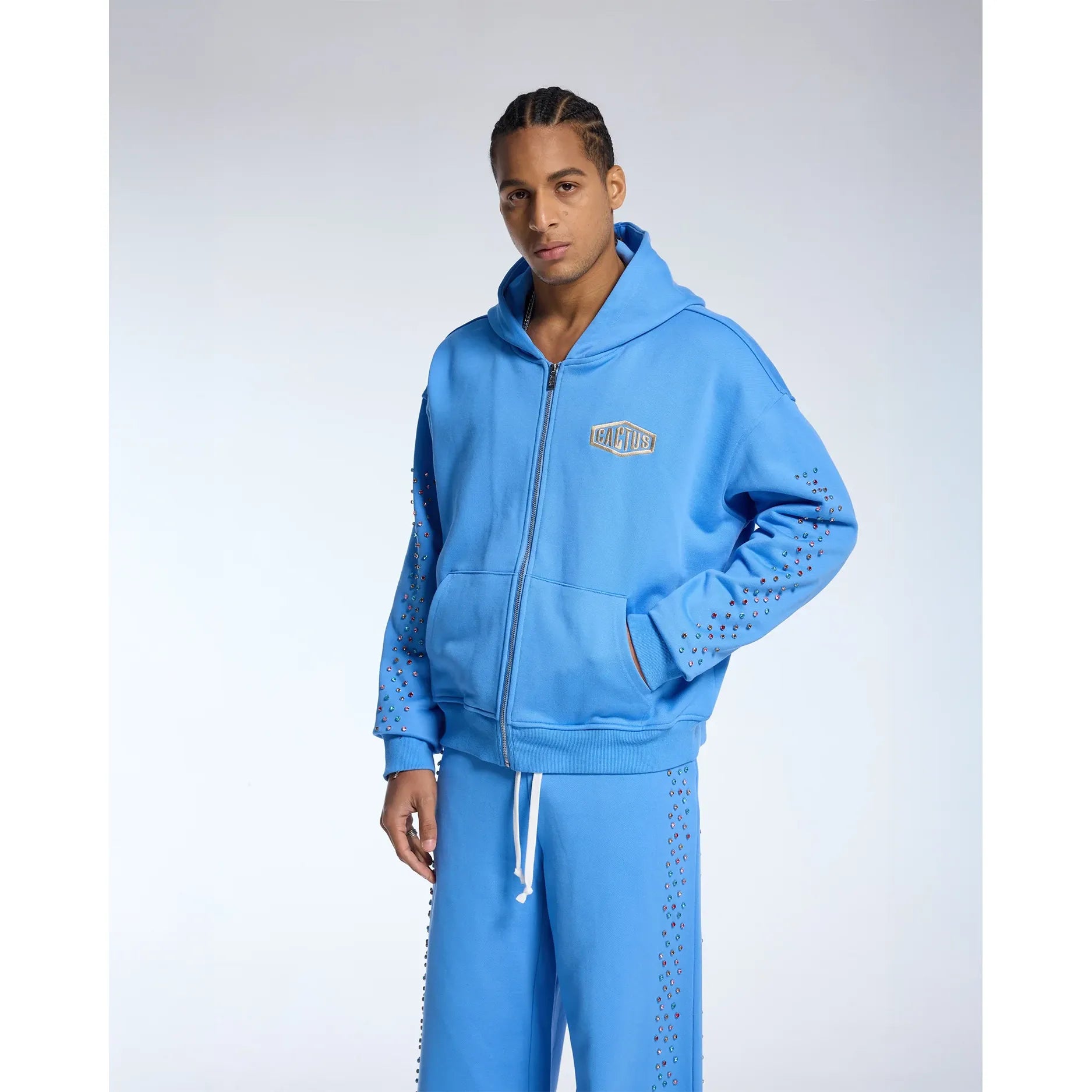 Azva Crystal Cactus Zip-Up Hoodie Baby Blue