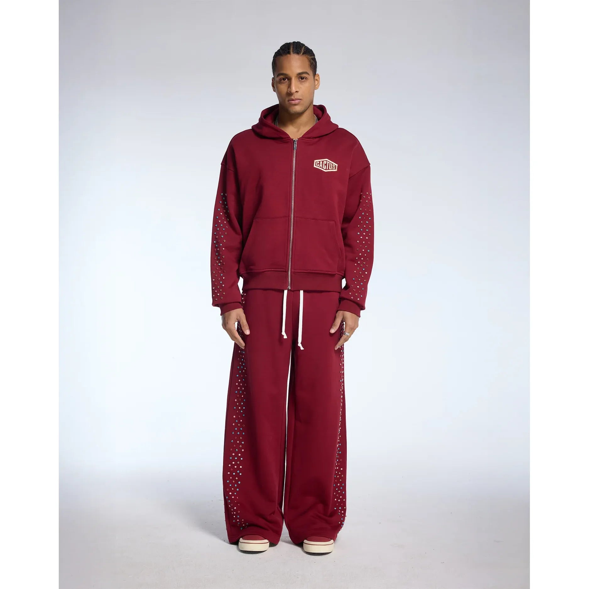 Azva Crystal Cactus Zip-Up Hoodie Maroon