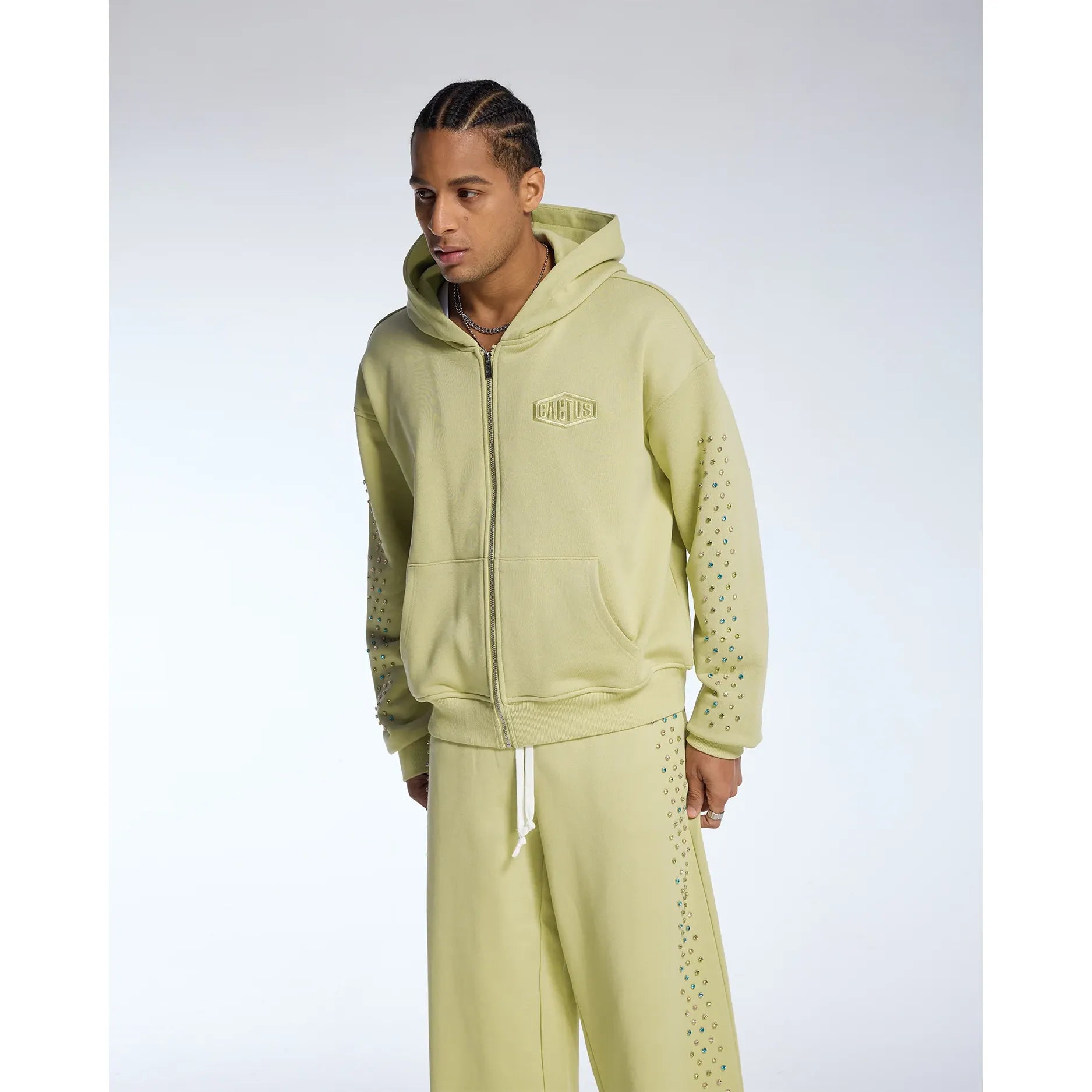 Azva Crystal Cactus Zip-Up Hoodie Sage