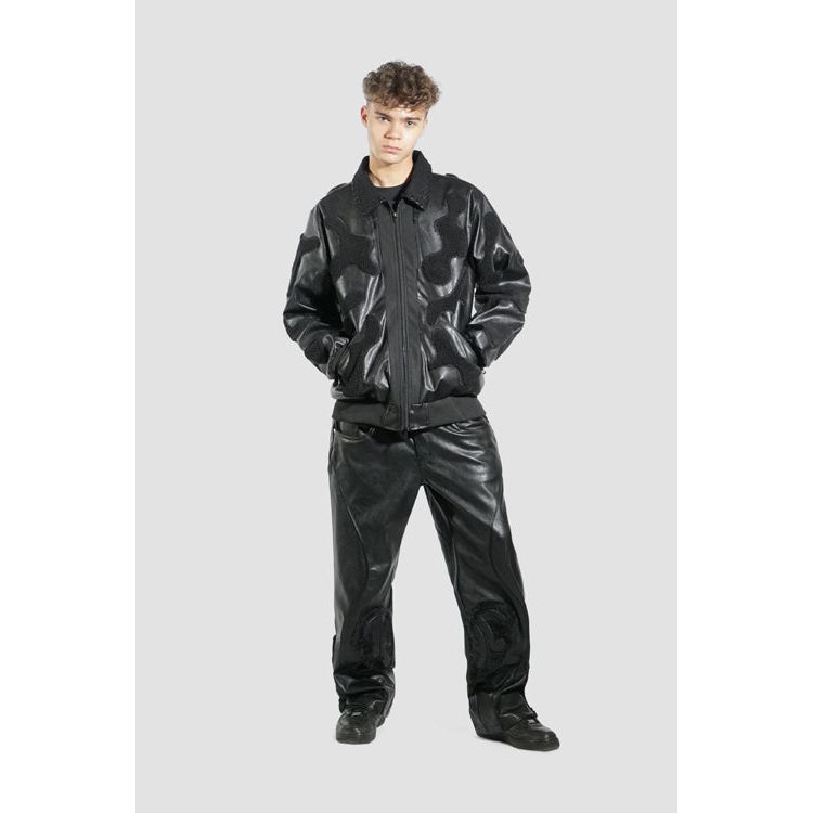 Faux Fur Vegan Leather Camouflage Jacket Black