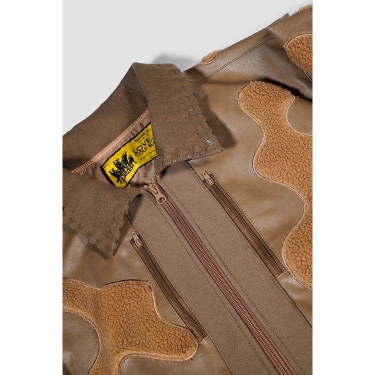 Faux Fur Vegan Leather Camouflage Jacket Brown