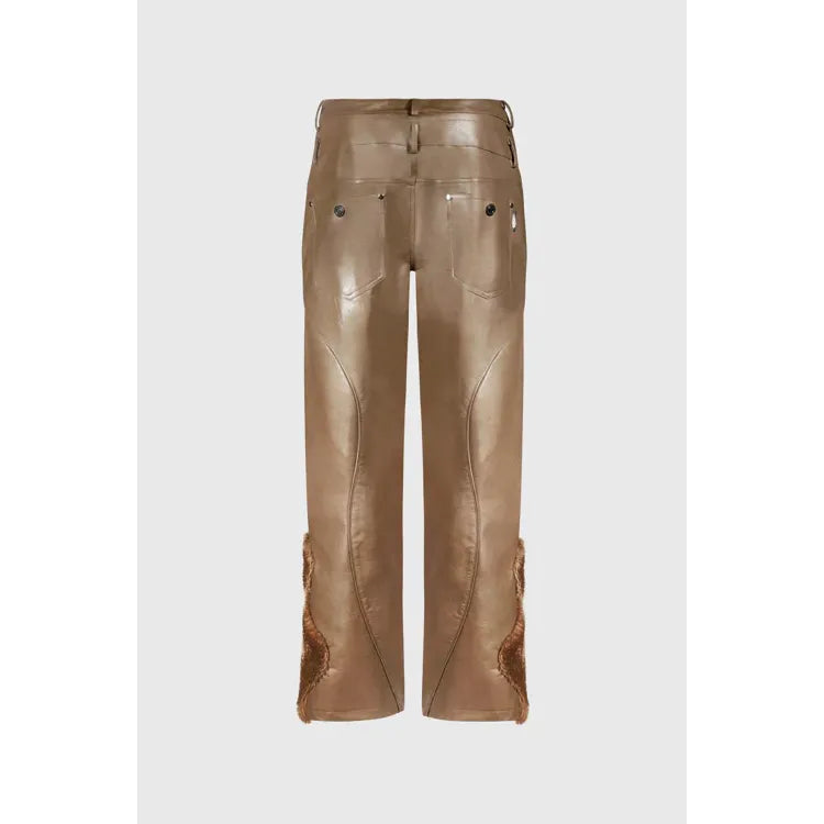 Faux Fur Vegan Leather Double Jeans Brown