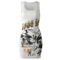 White tank top with graphic designs and text on a white background