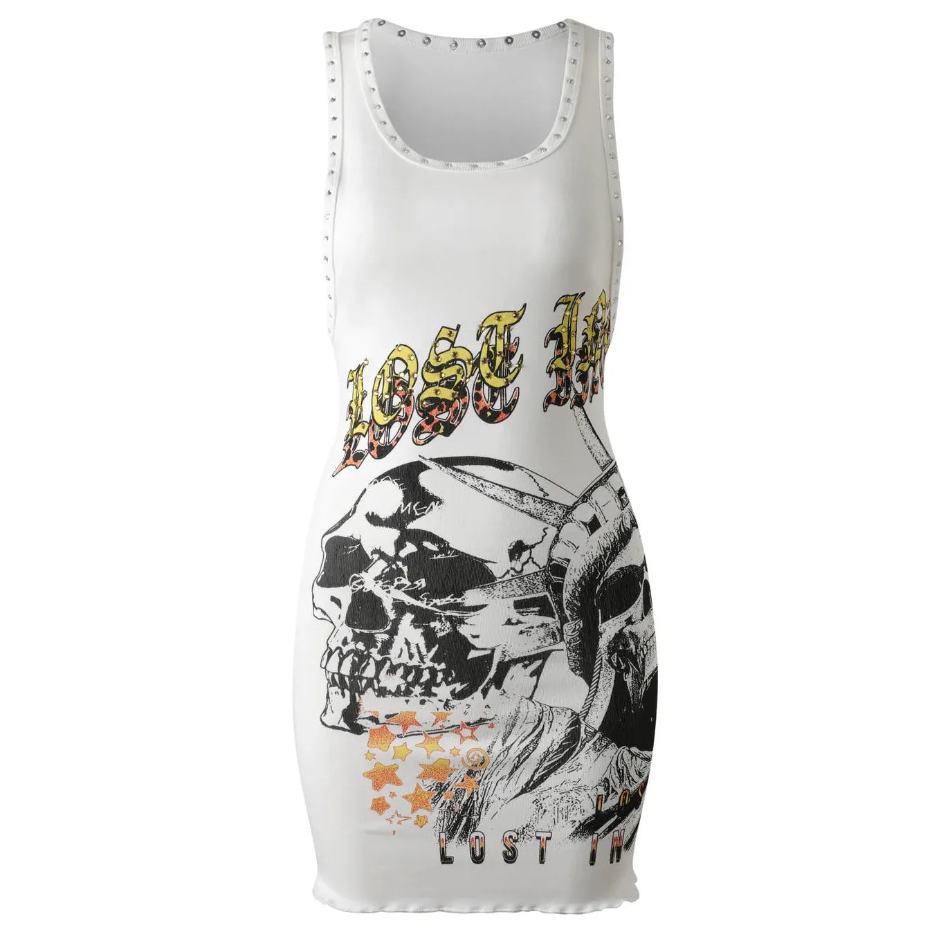 White tank top with graphic designs and text on a white background