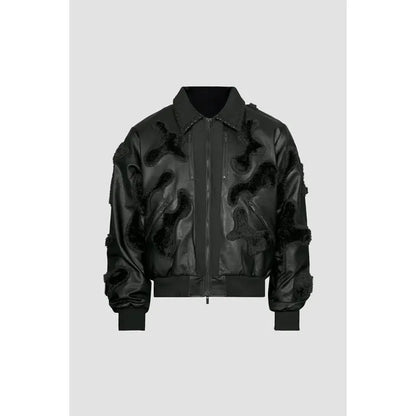 Faux Fur Vegan Leather Camouflage Jacket Black