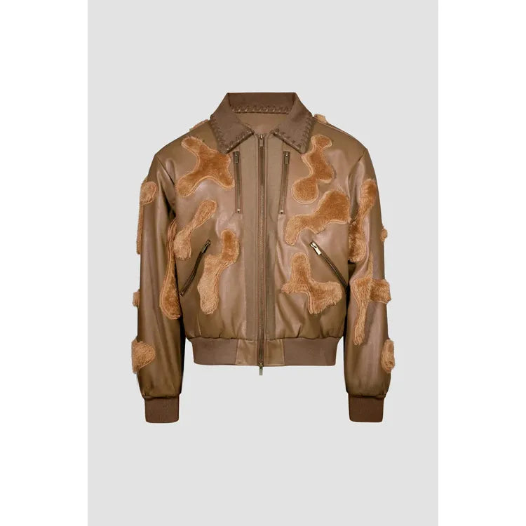 Faux Fur Vegan Leather Camouflage Jacket Brown