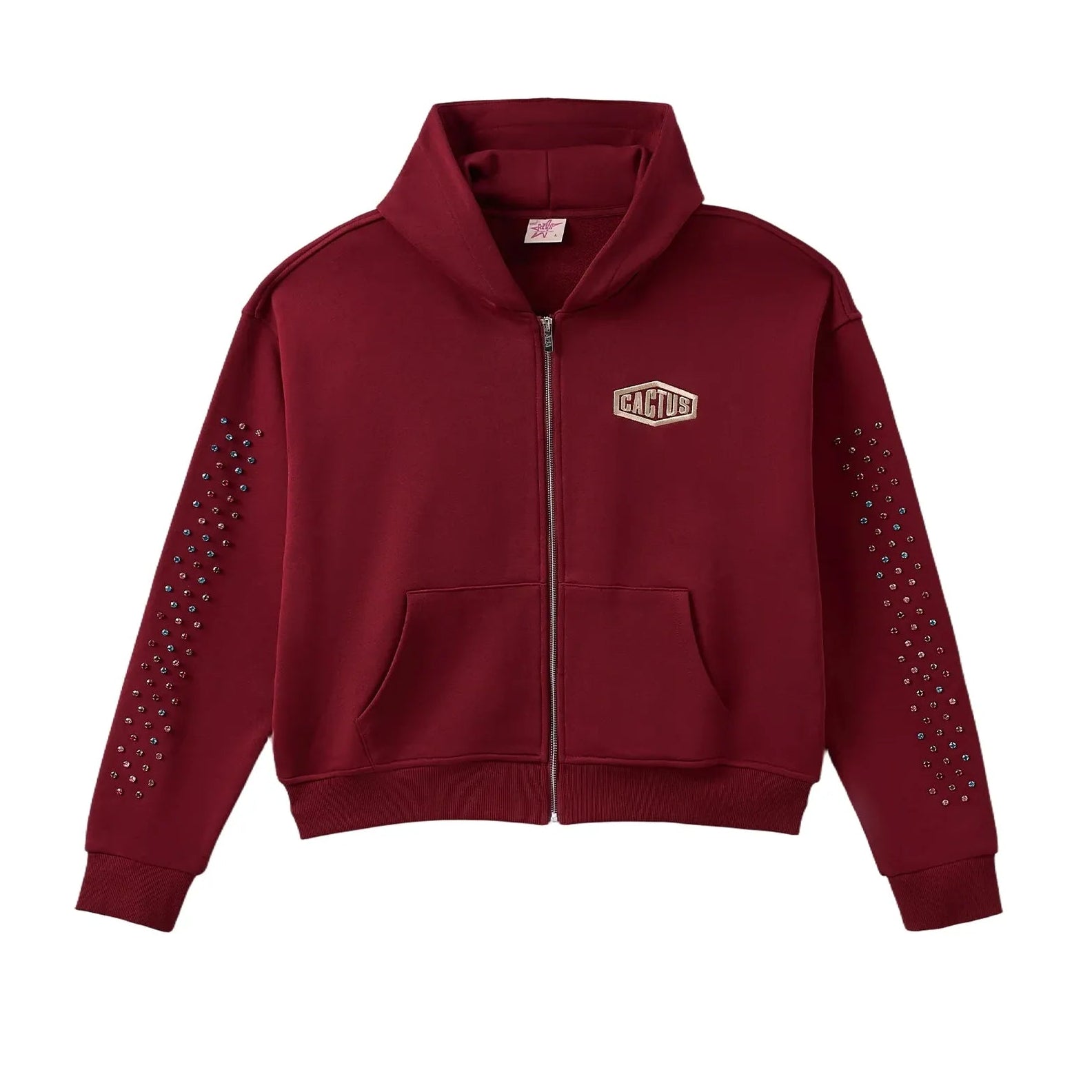 Azva Crystal Cactus Zip-Up Hoodie Maroon