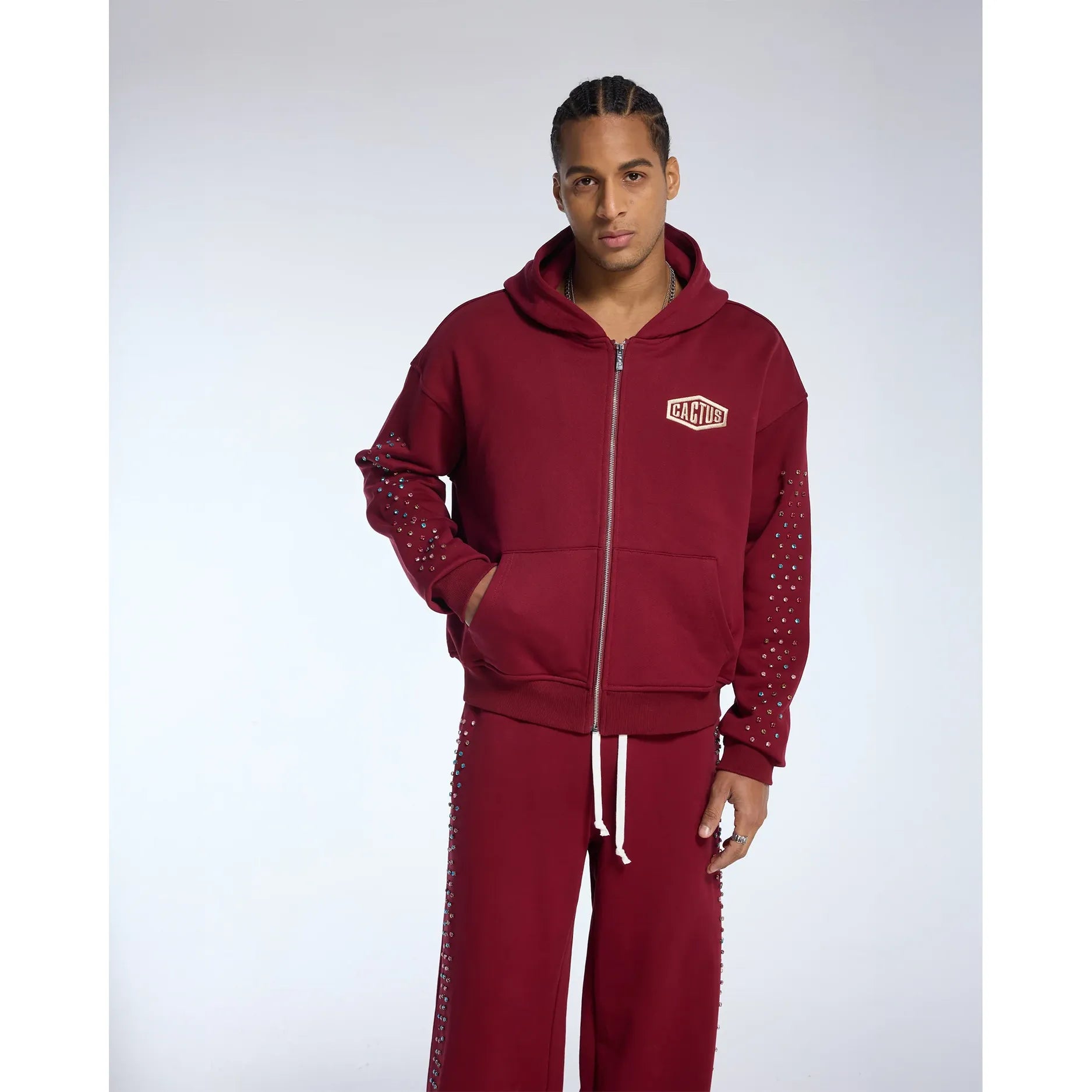 Azva Crystal Cactus Zip-Up Hoodie Maroon