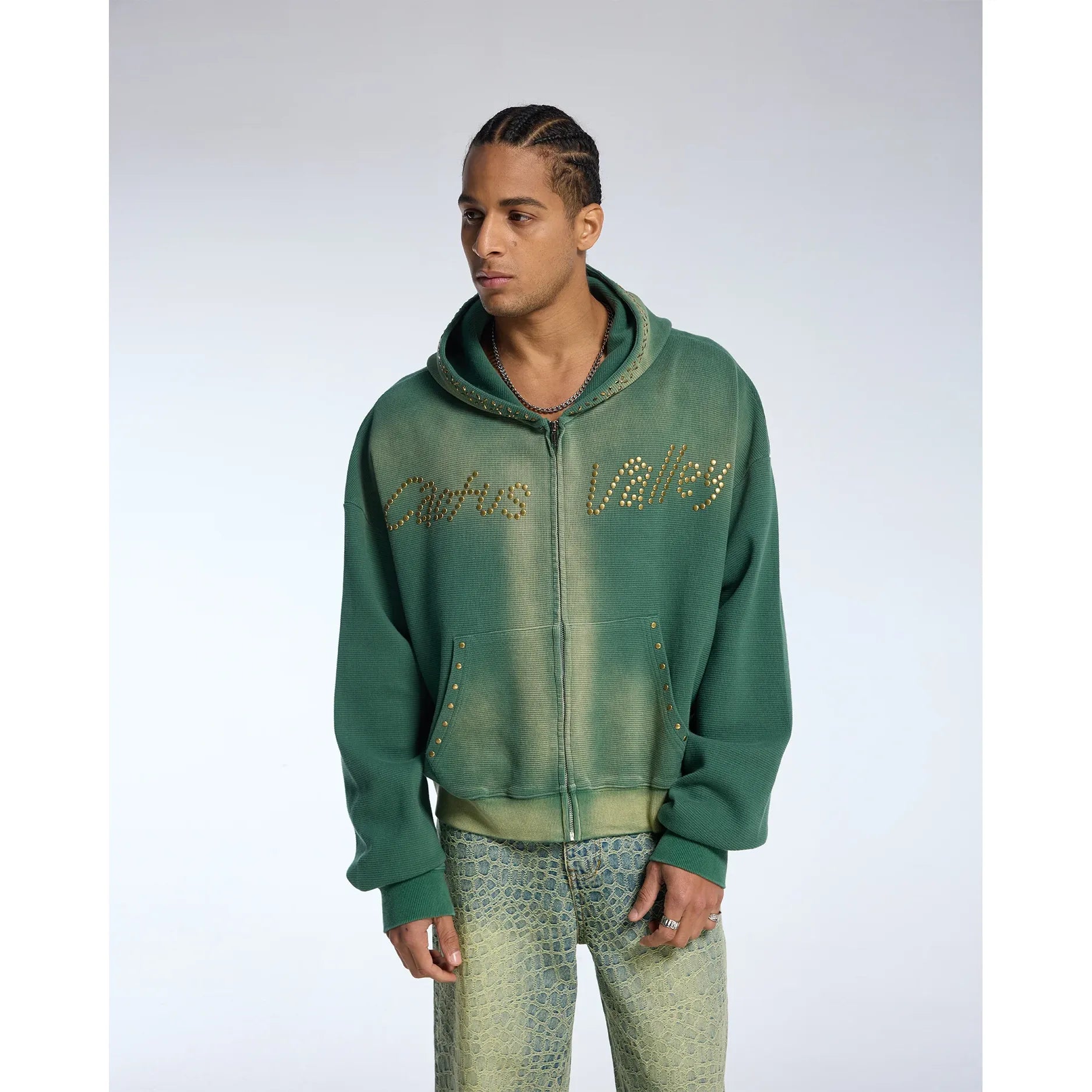 Azva Studded Bolt Hoodie Green