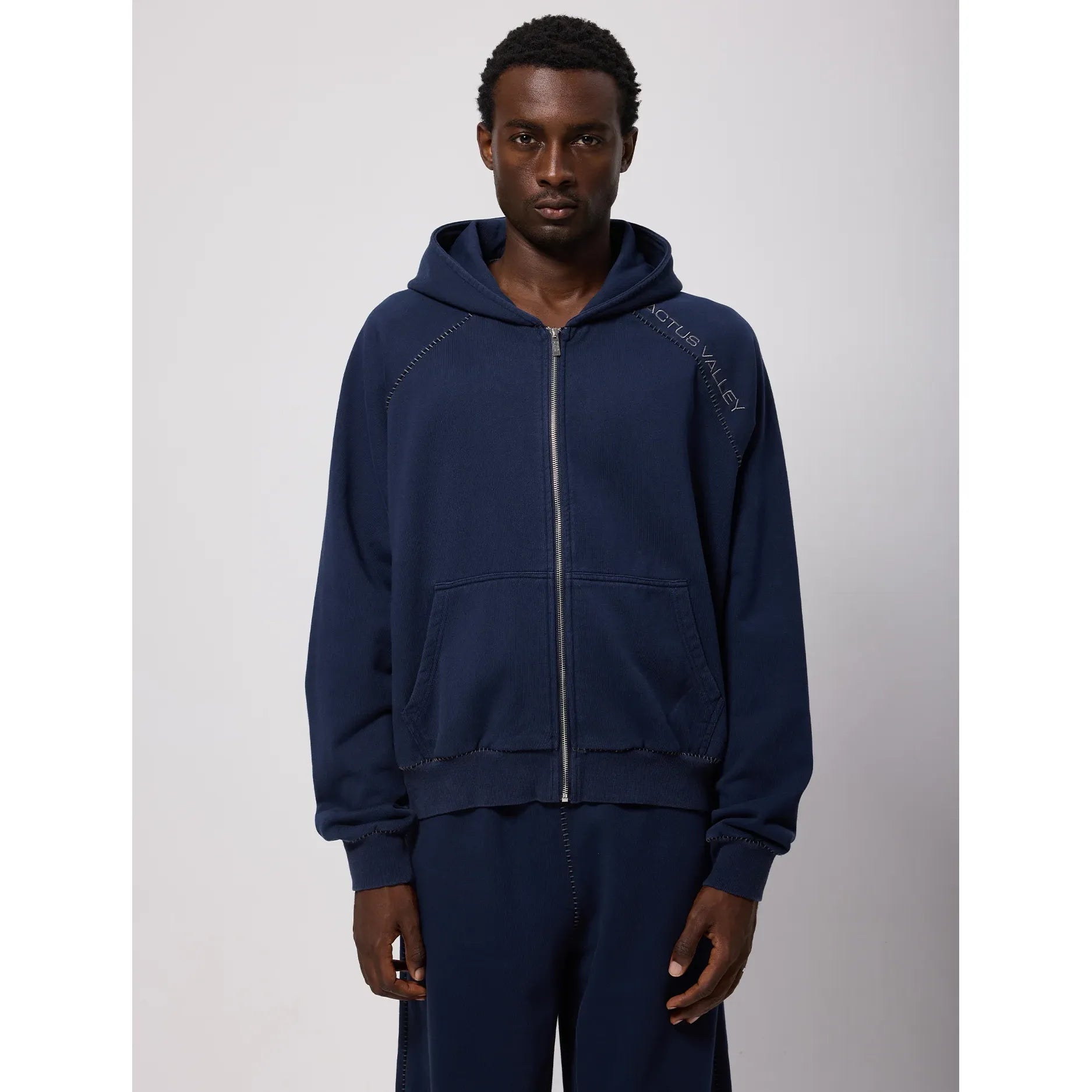 Azva BLANKET STITCH ZIP UP HOODIE Navy