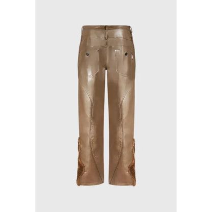 Faux Fur Vegan Leather Double Jeans Brown