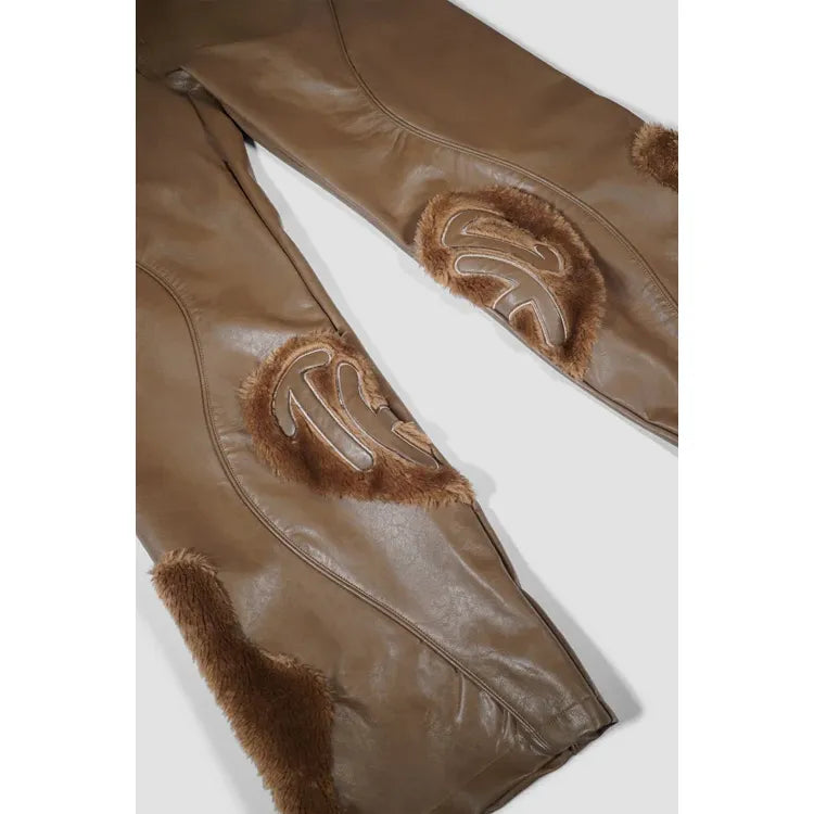 Faux Fur Vegan Leather Double Jeans Brown