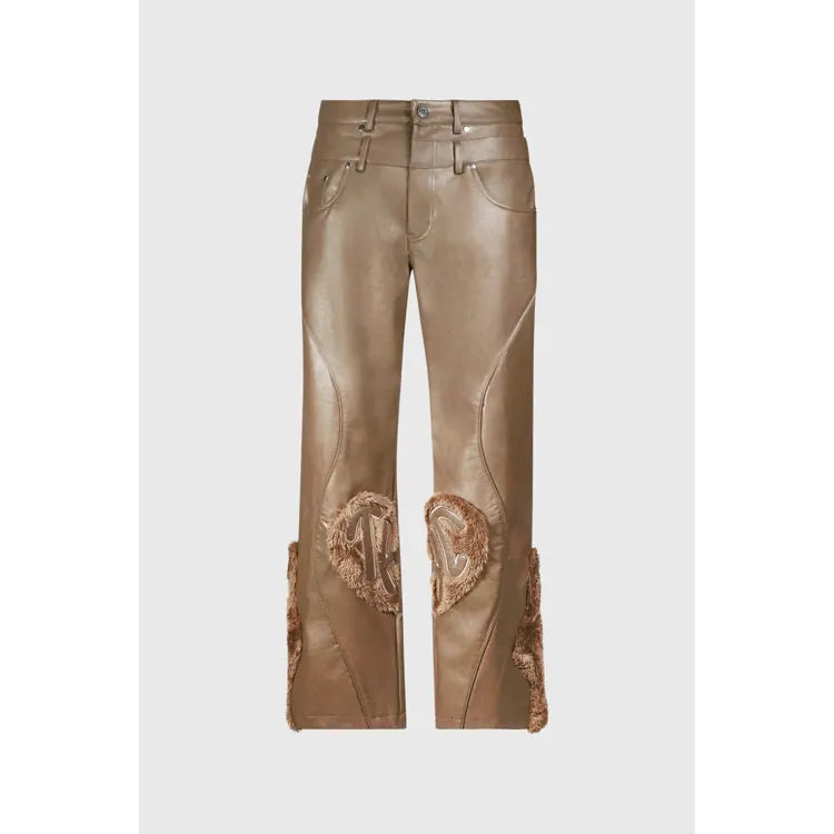 Faux Fur Vegan Leather Double Jeans Brown