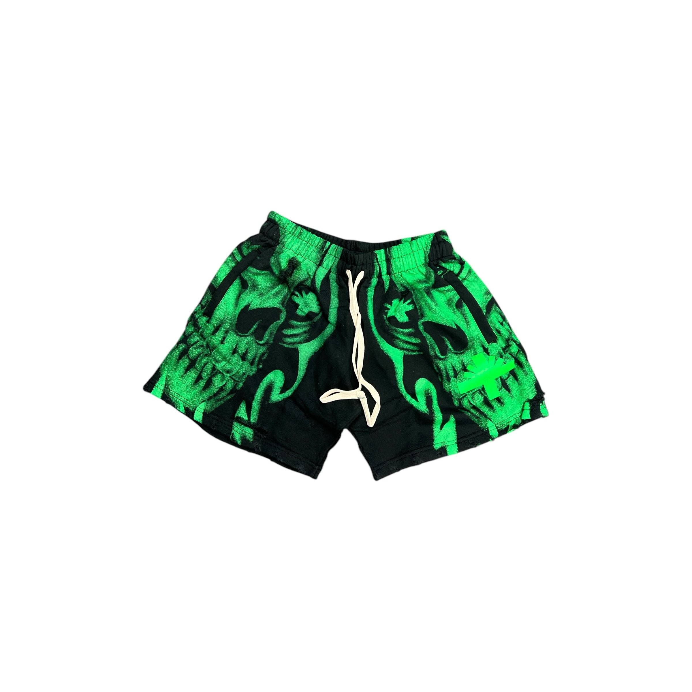 Vertabrae Skull Storm Distressed Shorts Green/Black