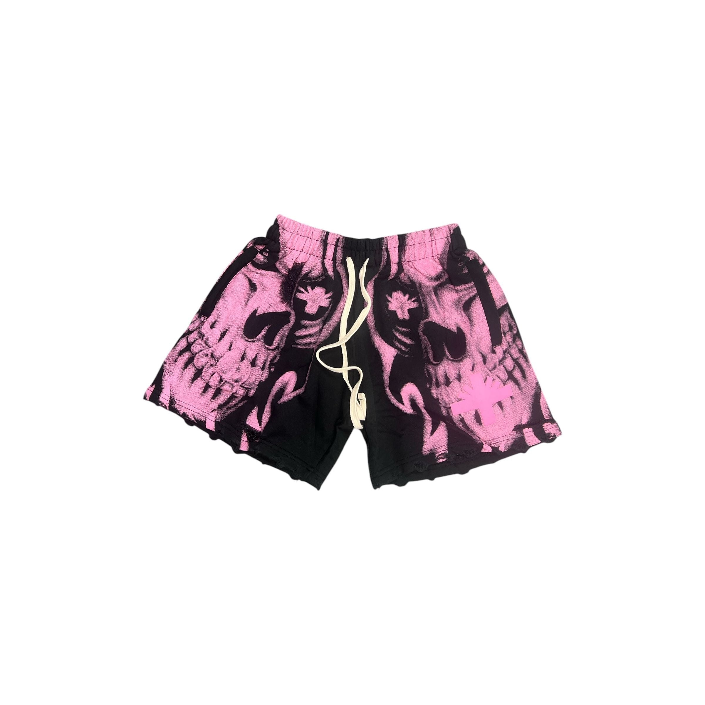 Vertabrae Skull Storm Distressed Shorts Pink/Black