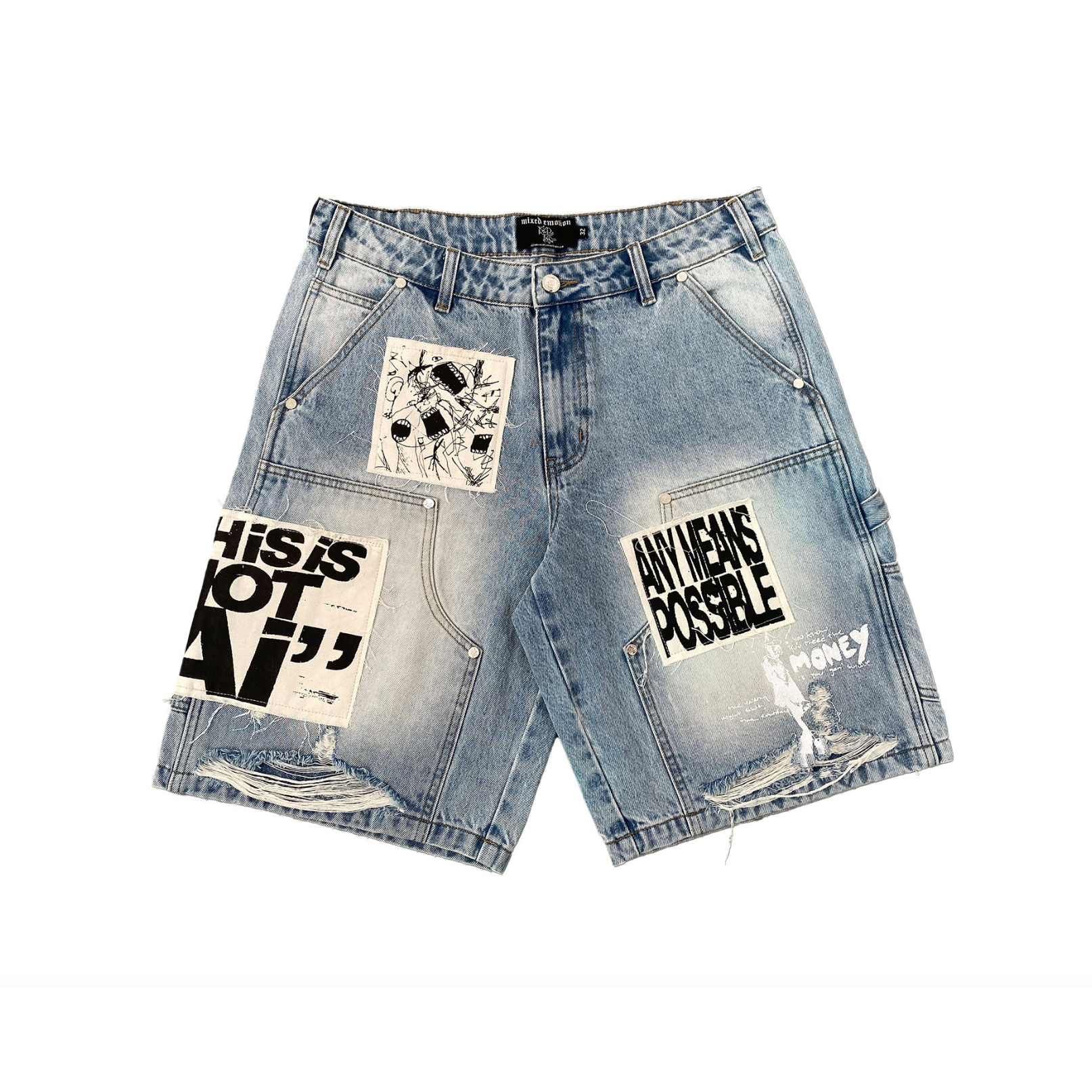 Mixed Emotion Blue “AI” Denim Shorts