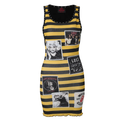 A sleeveless bodycon dress with bold yellow and black horizontal stripes, featuring black-and-white graphic prints of Marilyn Monroe, the band Los Angeles, and a rock star, shown on a plain white background.