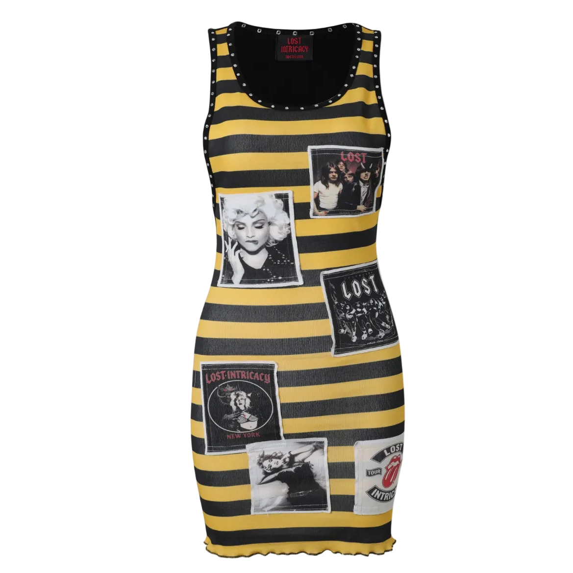 A sleeveless bodycon dress with bold yellow and black horizontal stripes, featuring black-and-white graphic prints of Marilyn Monroe, the band Los Angeles, and a rock star, shown on a plain white background.