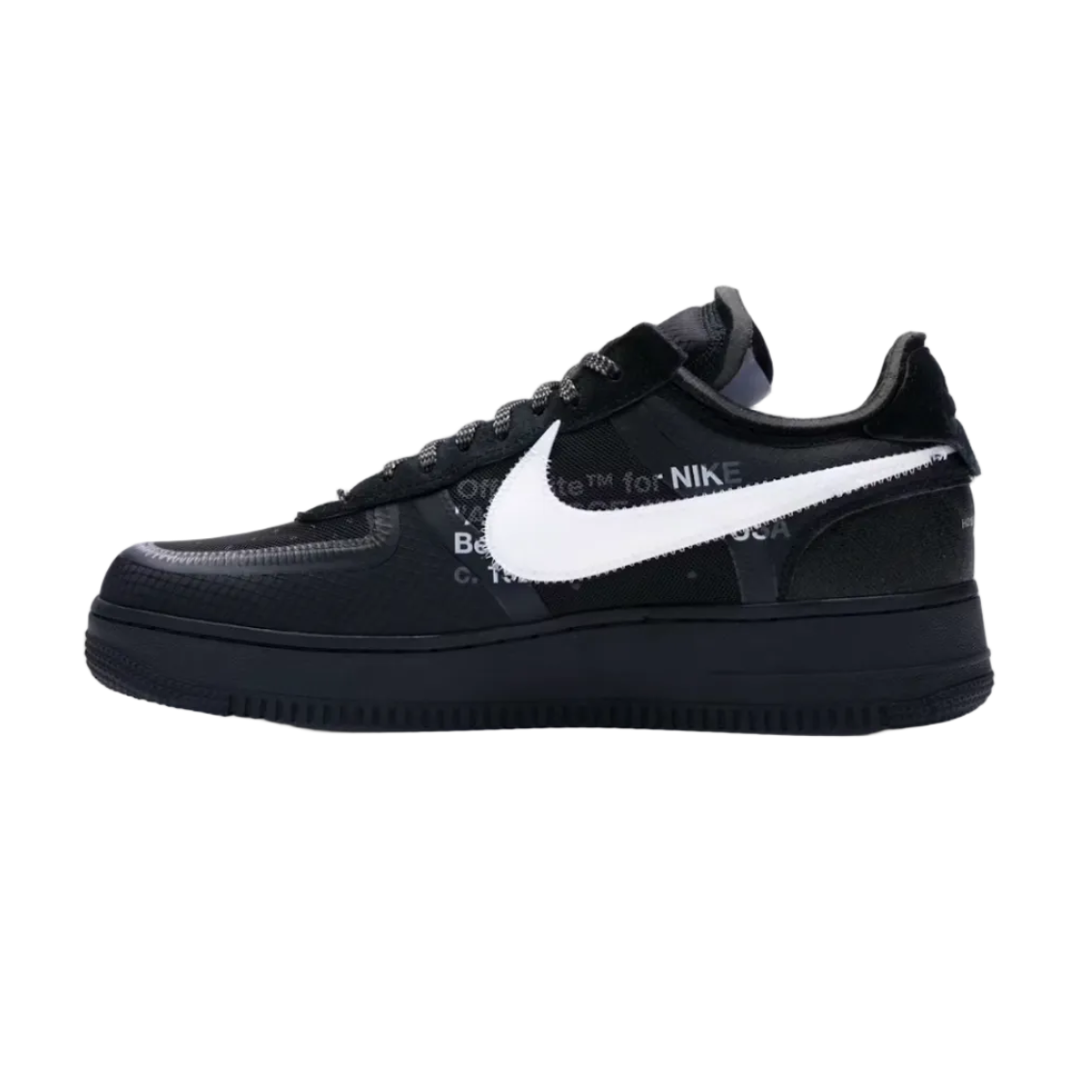 A black Nike Air Force 1 Low sneaker with a prominent white Swoosh and white text details, shown in a side profile on a white background.