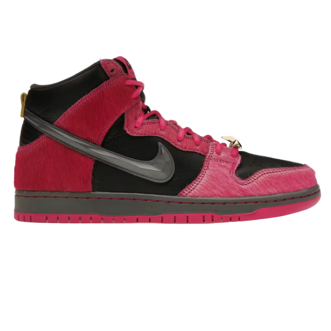 A high-top Nike sneaker in textured pink and black with a metallic gray Swoosh, shown in profile against a white background.