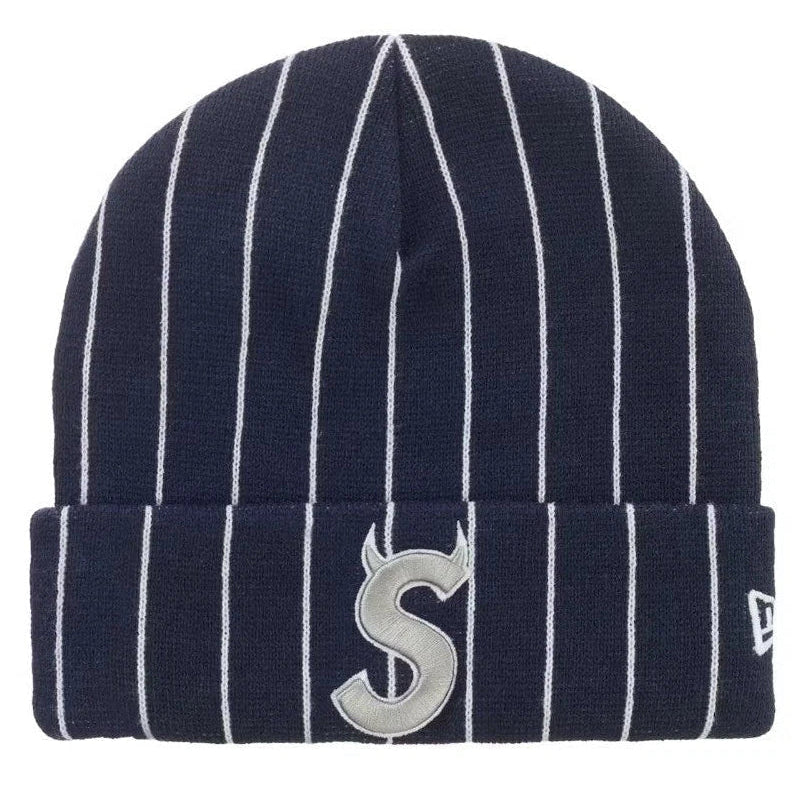 Supreme New Era Devil S Logo Beanie Navy Stripe