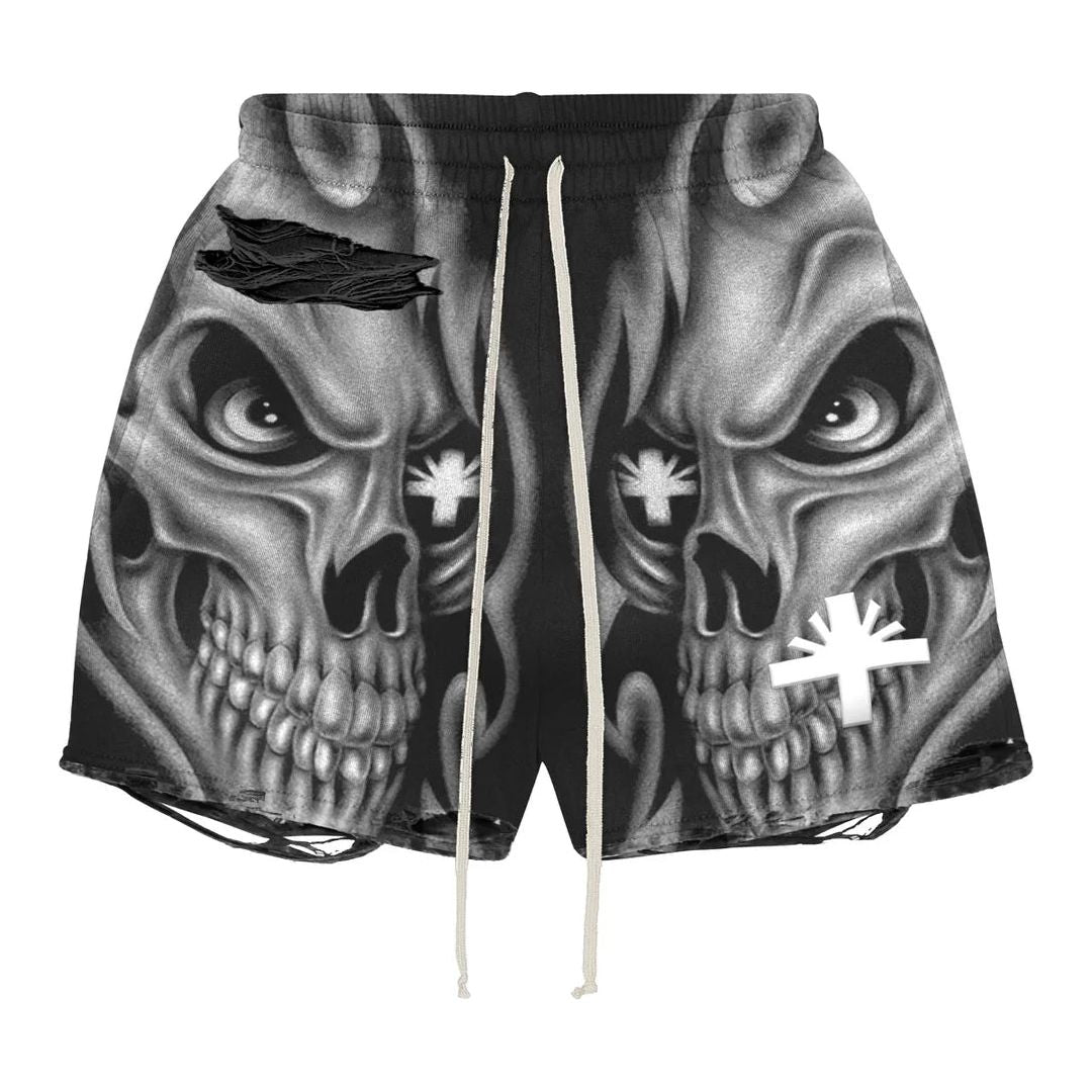 Vertabrae Skull Storm Distressed Shorts Black